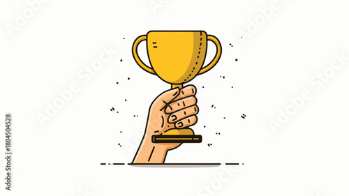 Cartoon Style Vector Illustration of Hand Holding Trophy - Winning Concept