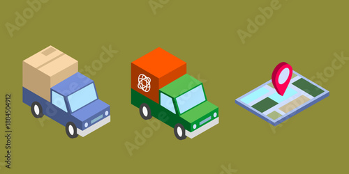 pack of shipment illustration, contains shipment truck, international delivery, map location