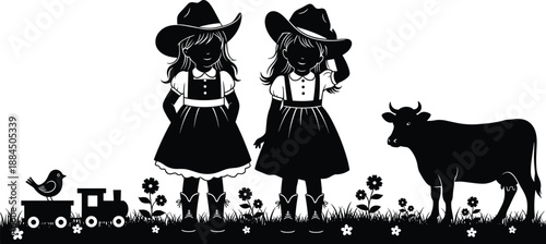Twin girls silhouette in rural farm scene with cow flowers toy train countryside childhood innocence illustration concept