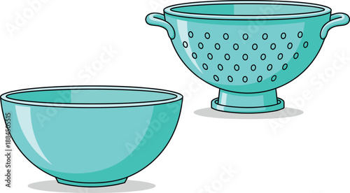 Vector illustration set featuring a turquoise ceramic mixing bowl and a matching footed colander for kitchen food preparation