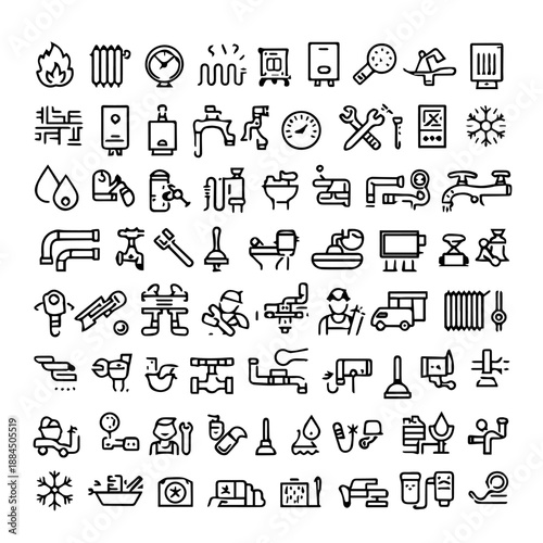 Plumbing, Heating, and HVAC Outline Icons Collection