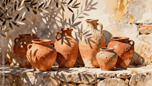 Afternoon Sun Terracotta Pots & Shadows isolated watercolor vector illustration svg