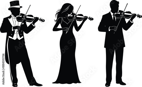 Violinist silhouettes performing classical music, elegant male female musicians playing violin, orchestra concert illustration, black white artistic collection