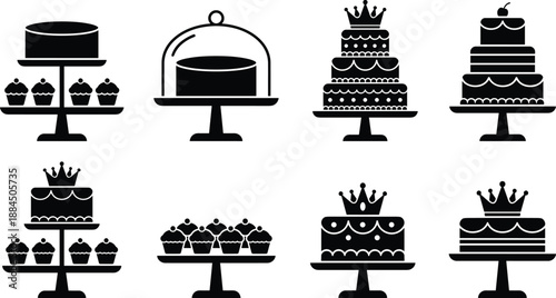 Birthday cake silhouette icons set featuring cupcakes tiered cakes dessert stands bakery celebration illustration vector collection graphic black sweet party