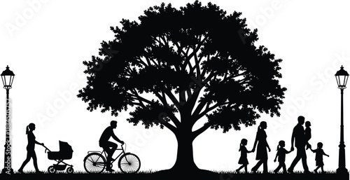 Family silhouettes walking and cycling in city park under large tree with street lamps, peaceful urban lifestyle vector illustration