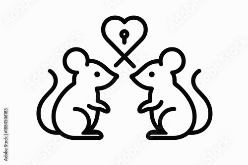 Two cute mice with a heart-shaped lock symbol between them in a simple line art style