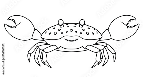 A cheerful, cartoon crab drawing in black and white, featuring large, open pincers and a spotted shell. The crab has a smiling face, conveying a playful tone.