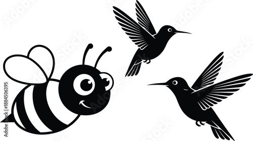 Cartoon bee and hummingbird silhouettes, playful insect bird art, smiling bee character, flying pollinators illustration, nature themed vector design
