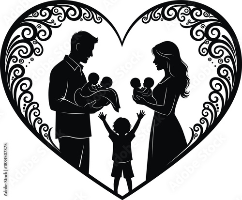 Family love silhouette with parents and children inside heart shape symbolizing care bonding parenthood happiness illustration concept