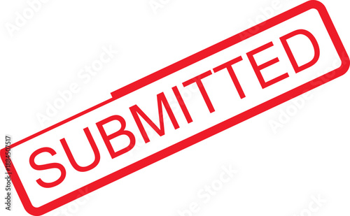 Red stamp with the word SUBMITTED on a white background viewed from a straight-on perspective