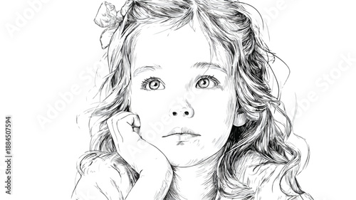 Cute Little Girl on White Background with Beautiful Outline Vector Illustration