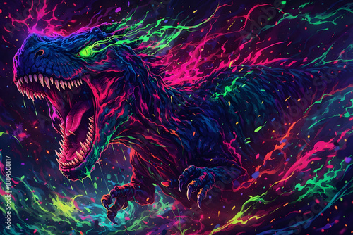 Vibrant abstract fantasy illustration of a roaring Tyrannosaurus Rex with neon glowing colors and dynamic paint splash effects on a dark background.