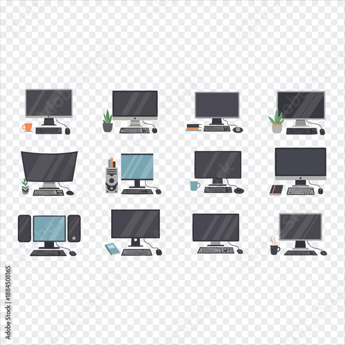 computer monitors with keyboards and peripherals