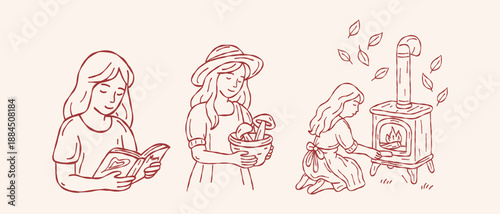 Aesthetic cottagecore girl lifestyle hand drawn vector line art set with mushroom gathering and cozy fireplace for slow life stationery design