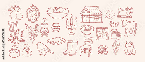 Cottagecore hand drawn rustic home collection with cozy countryside objects, pastoral rural lifestyle elements, vintage cottage living line art illustration