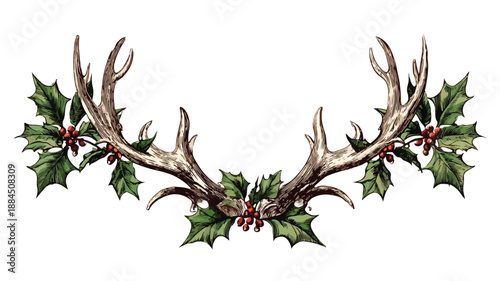 Elegant Reindeer Antler Ornament Frame with Holly Leaves Vector Art