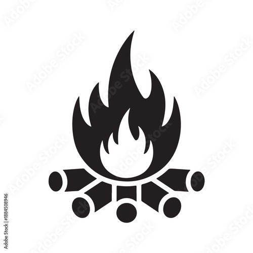 Stylized Black Campfire Icon with Flames and Wood Logs Design