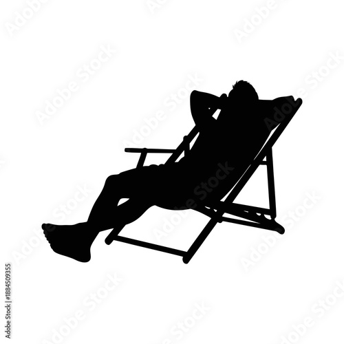 Silhouette of a man sunbathing on the beach with a white background