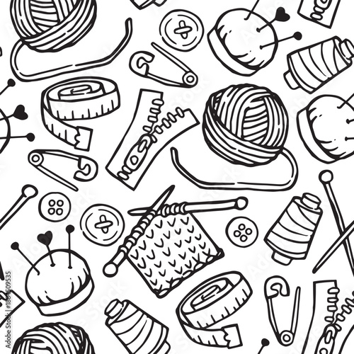 seamless pattern with sewing and knitting elements. print in Doodle.