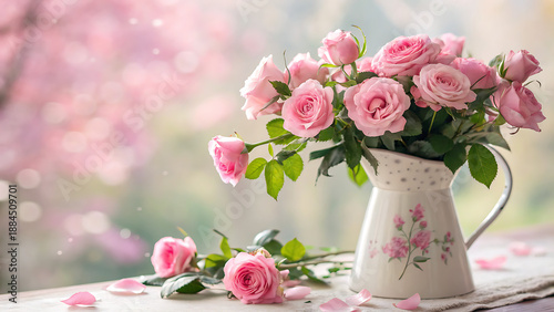 Wallpaper Mural A charming bouquet of pink roses in a vintage pitcher with delicate petals scattered around creating a romantic atmosphere transparent background Torontodigital.ca