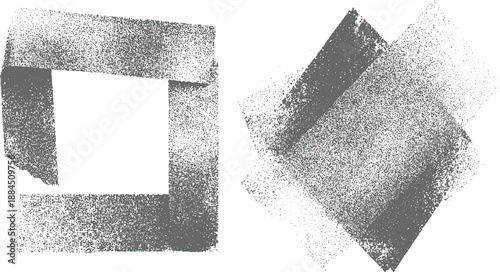 Two abstract grey geometric shapes with a grainy texture on a white background, one square frame and one overlapping rotated squares for use