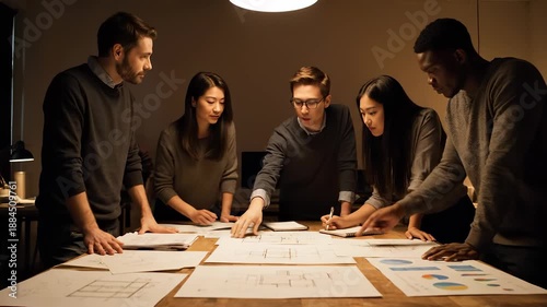 team meeting in office around project planning table. design blueprint and document spread across workspace. discussion over layout and timeline. planning aligns tasks and milestones. design review.