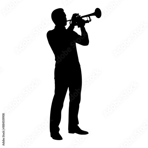 silhouette of a man playing the trumpet against a white background