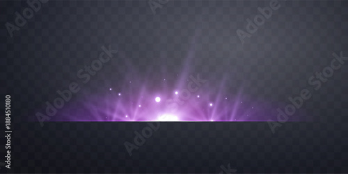 Purple horizontal lensflare. Light flash with rays or violet spotlight and bokeh. Glow flare light effect. Vector illustration. Isolated on dark background.