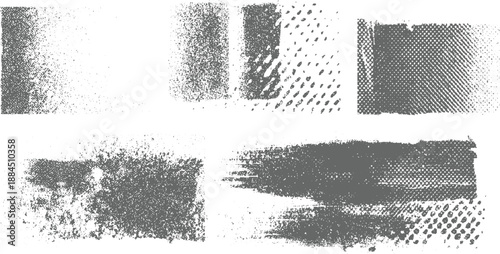 Assortment of six abstract grunge textures and distressed brush stroke with halftone patterns in grey and white for unique projects