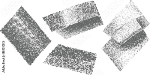 Three abstract geometric shapes rendered with stippled dot textures and subtle shading creating a sense of depth and dimension for modern compositions