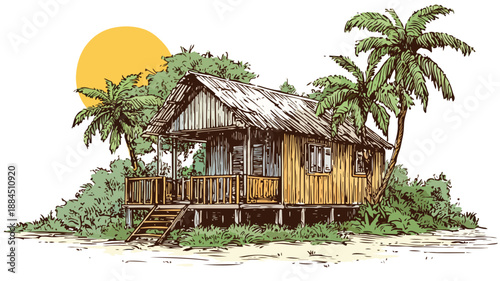 Serene Tropical Cabin Oasis in Cartoon Style Vector Illustration