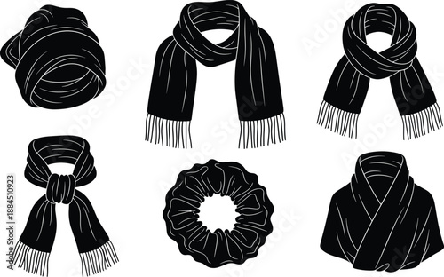 Winter scarf silhouettes set, wrapped knitted scarf styles and fashion accessories, cozy clothing illustration isolated collection