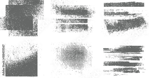 Assortment of six unique grey grunge textures and distressed including brush strokes, lines, and dot patterns on a white background
