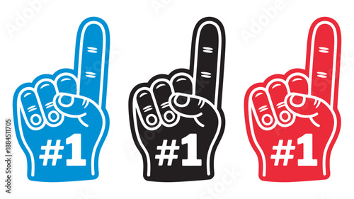 Foam Finger Number One Hand Symbols set, vector illustration of cheering fans in black red blue for sports posters event celebration merchandise