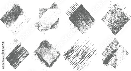 A collection of eight abstract grunge textures presented as diamond shapes with varied dot densities and linear patterns in gray and white, and artistic backgrounds