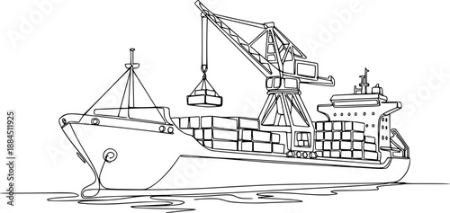 One continuous line drawing of a cargo ship is preparing to unload its cargo at the port vector illustration. Sea transportation design concept. Vector black silhouette. with white background 