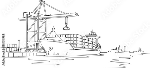 One continuous line drawing of a cargo ship is preparing to unload its cargo at the port vector illustration. Sea transportation design concept. Vector black silhouette. with white background 