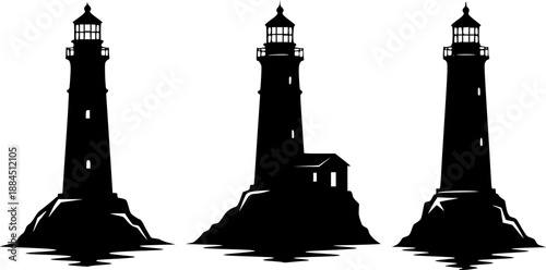 Collection of diverse lighthouse designs in black and white illustration