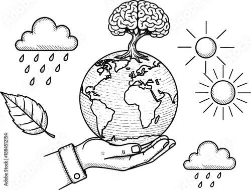 Vintage hand drawn engraving of a hand holding planet earth with a brain tree growing on top, representing global intelligence, ecology, and environmental awareness.