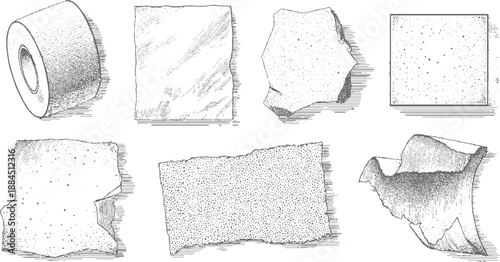 Collection of textured paper scraps and a roll of depicted in a detailed vintage engraving style with stippling and hatching techniques showcasing various shapes and surface imperfections