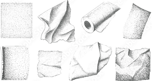 Group of stippled displaying varied paper textures and forms including a roll and crumpled fragments emphasizing intricate dot shading and linework