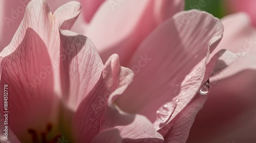 A serene, extreme close-up shot captures the delicate beauty of a vibrant pink flower petal, adorned with glistening water droplets. The soft morning light illuminates the intricate veins and gentle c