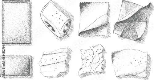 Collection of eight hand-drawn depicting various crumpled torn and rolled paper textures and rendered in a stippled monochrome style