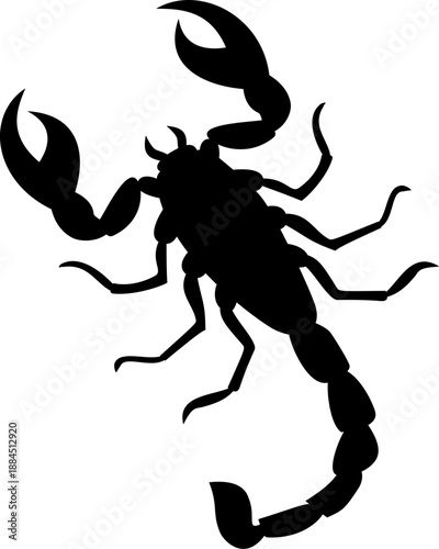 Black scorpion with powerful pincers and segmented tail, suitable for wildlife or halloweenthemed designs, educational materials, or insect illustrations.
