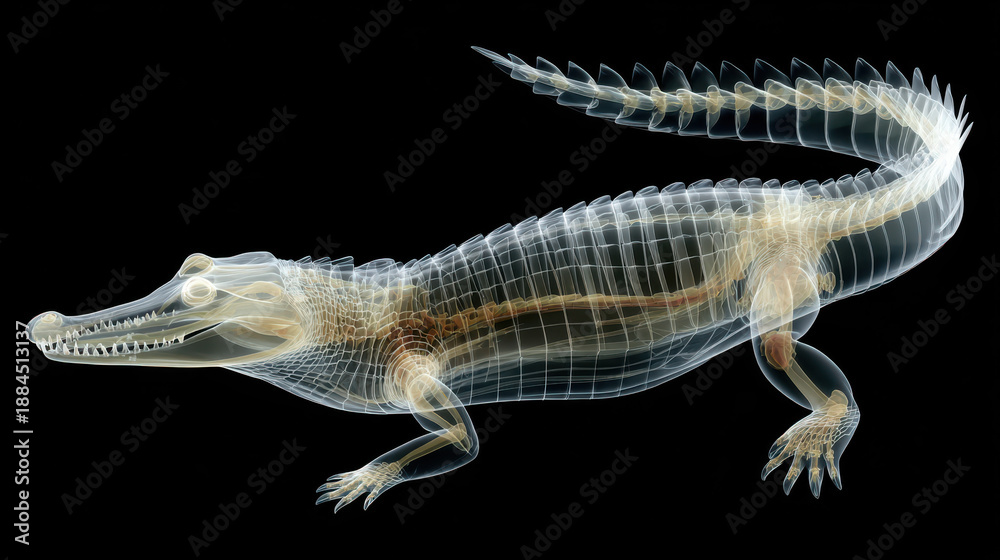Naklejka premium Transparent X-Ray Crocodile on Black Background: Striking 3D Wildlife Visualization for Educational and Design Projects.