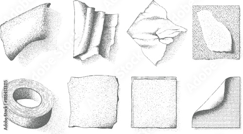 Assortment of stippled featuring a roll of tape, crumpled paper, and textured squares with varying dot densities and line shading techniques