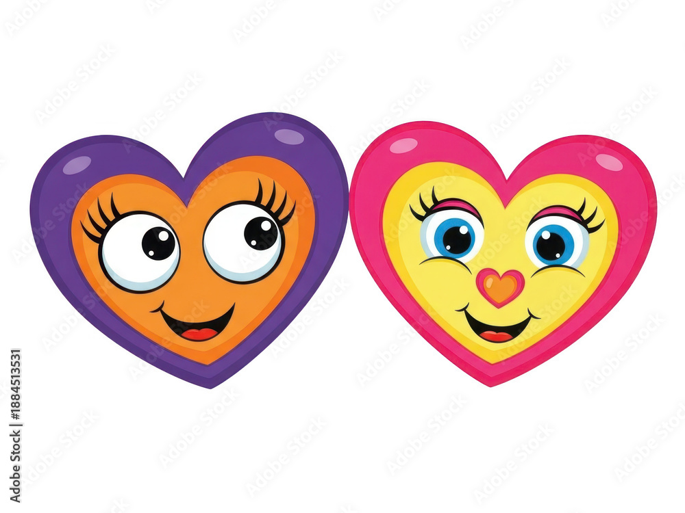Fototapeta premium Two colorful heart-shaped cartoon faces expressing joy and happiness