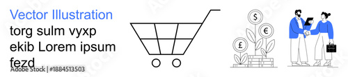 E-commerce, digital payment, teamwork, financial growth, online business, investment strategies. Minimalistic shopping cart and two individuals discussing finances. E-commerce and digital payment