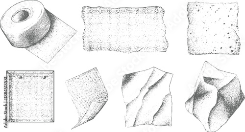 Group of seven stippled ink featuring rolled paper, torn paper edges, textured sheets, and abstract crumpled paper forms in a vintage artistic style
