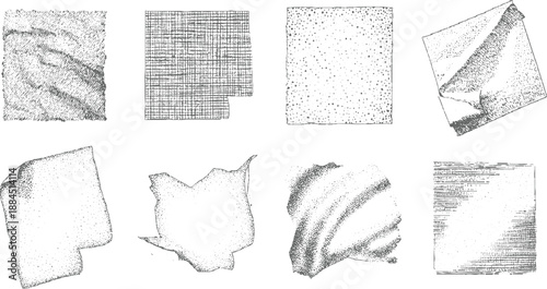 Collection of eight hand-drawn abstract textured featuring stippling crosshatching and torn paper edges for